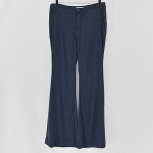 Anthropologie Flare Wide Leg Pants Womens Size 4 Navy Blue Linen Blend High Rise